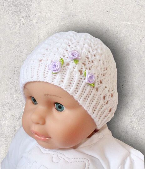Strickanleitung Baby-Mütze Ajourmuster, ca. 5 - 12 Monate, Taufmütze  #092
