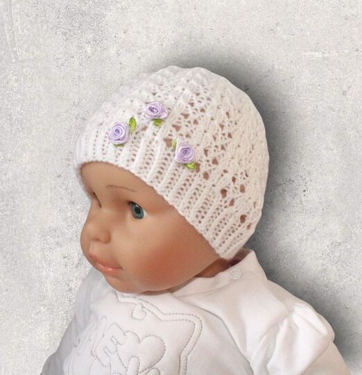 Strickanleitung Baby-Mütze Ajourmuster, ca. 5 - 12 Monate, Taufmütze  #092