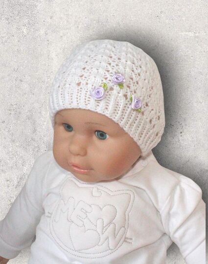 Strickanleitung Baby-Mütze Ajourmuster, ca. 5 - 12 Monate, Taufmütze  #092