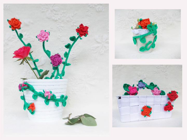 Stielrosen, Rosenranken, Rosenbogen, Rosenblätter und Rosenknospen häkeln und viele Blätter, für alle, welche Rosen lieben das Ensemble "Rosenliebe" 