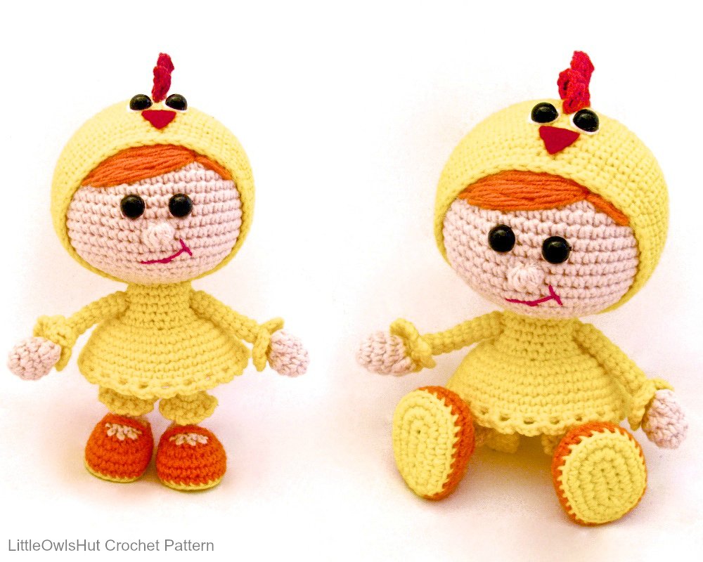 116 Crochet Pattern - Girl doll in a chicken outfit - Amigurumi PDF file by Stelmakhova Cp
