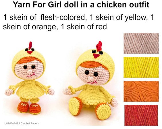 116 Crochet Pattern - Girl doll in a chicken outfit - Amigurumi PDF file by Stelmakhova Cp