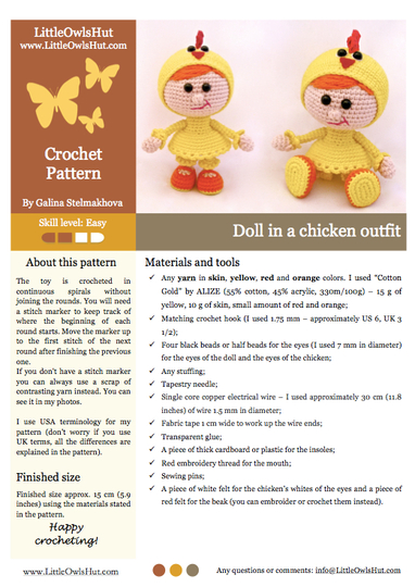 116 Crochet Pattern - Girl doll in a chicken outfit - Amigurumi PDF file by Stelmakhova Cp