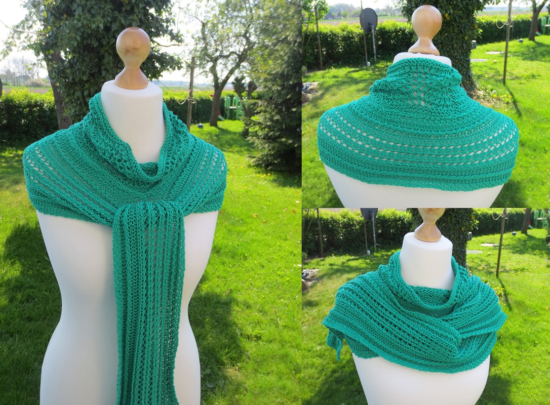 Schneiderpuppe mit türkisgrünem gestricktem Schal mit Rippen- und Ajourmuster, Vorder- und Rückansicht