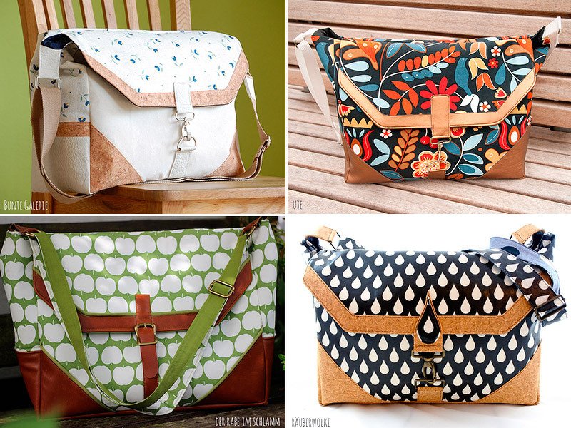 Vier bunte Umhängetaschen in verschiedenen Designs, darunter Blumen-, Apfel- und Tropfenmuster, mit Klappverschluss und verstellbarem Riemen.