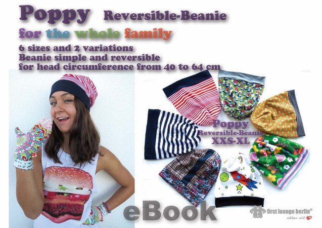 US-Poppy E-Book Reversible-Beanie Cap in 6 sizes xxs-xl for the whole family! Pattern with sewing instruction. Design from firstloungeberlin