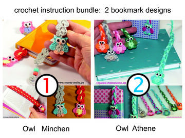 - Bundle Price - Crochet instruction - bookmark owl "Mine" and Athene" gift idea