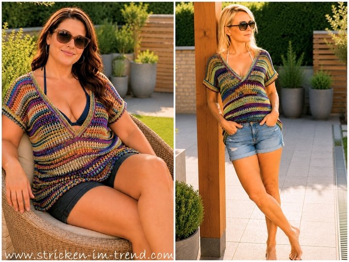 Strickanleitung für Sommerpullover mit tiefem V-Ausschnitt und kurzen Ärmeln | *SummerSplash*