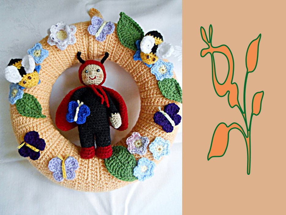 Gehäkelter cremefarbener Türkranz mit Marienkäfer-Amigurumi, gehäkelten Blumen, Schmetterlingen und Bienen