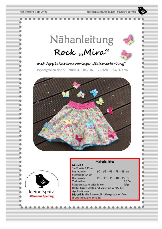 Titelblatt der Nähanleitung für den Kinderrock Mira mit bunten Schmetterlings-Applikationen