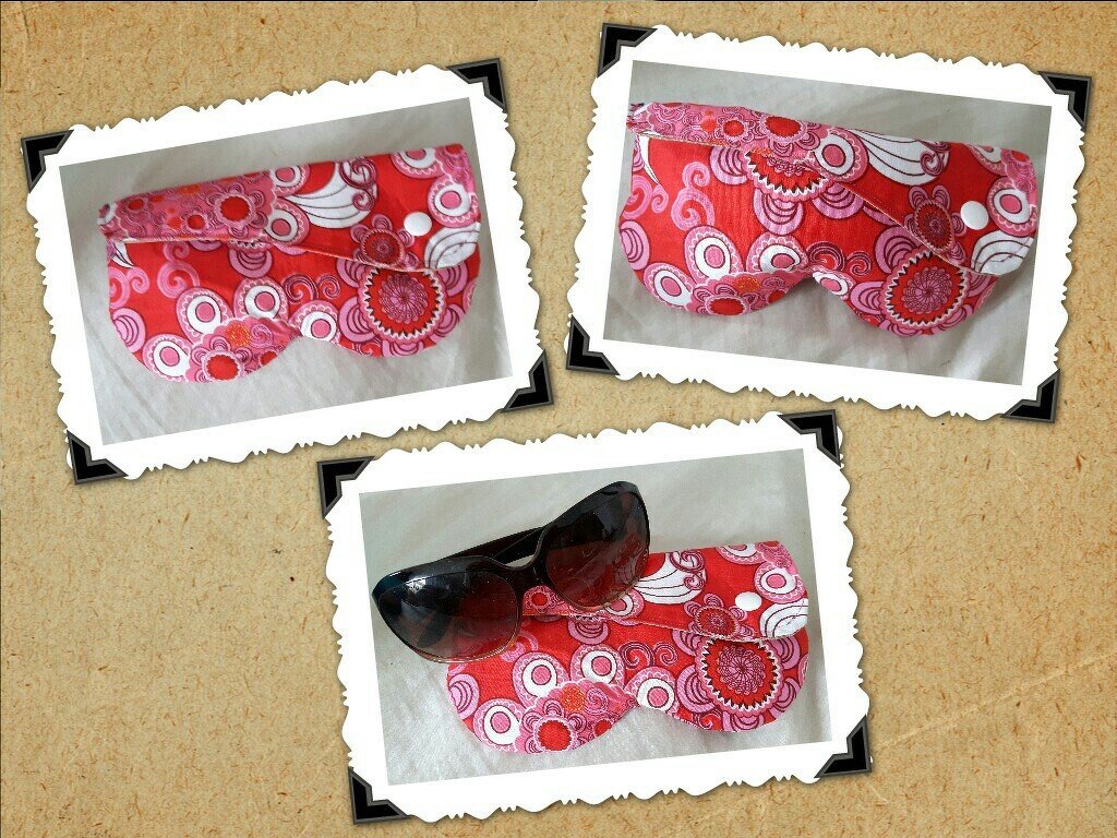 Collage dreier Fotos eines rosa-roten genähten Brillenetuis mit Blumenmuster und Druckknopf; auf einem Foto liegt eine Sonnenbrille darauf