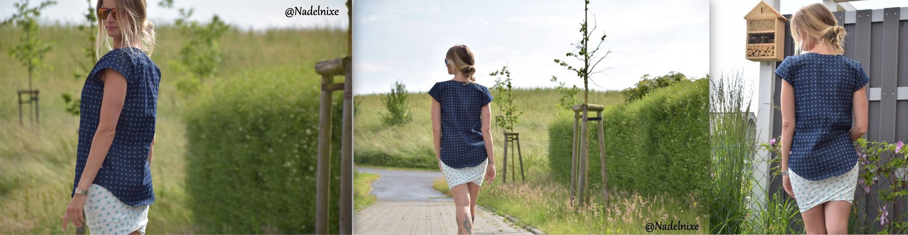 Rücken- und seitliche Ansichten einer Frau in dunkelblauer Tunika mit überschnittenen Schultern, kurzen Ärmeln und abgerundetem Saum