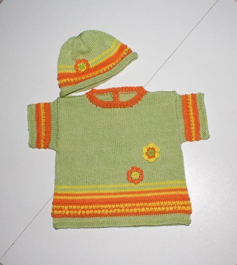 Strickanleitung Baby-Set, Kurzarm-Pulli + Baby-Mützchen in drei Größen, ca. 3 - 18 /24 Monate
