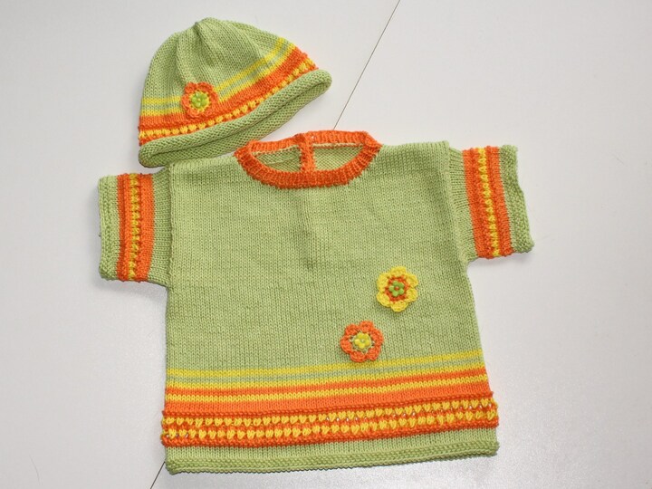 Strickanleitung Baby-Set, Kurzarm-Pulli + Baby-Mützchen in drei Größen, ca. 3 - 18 /24 Monate