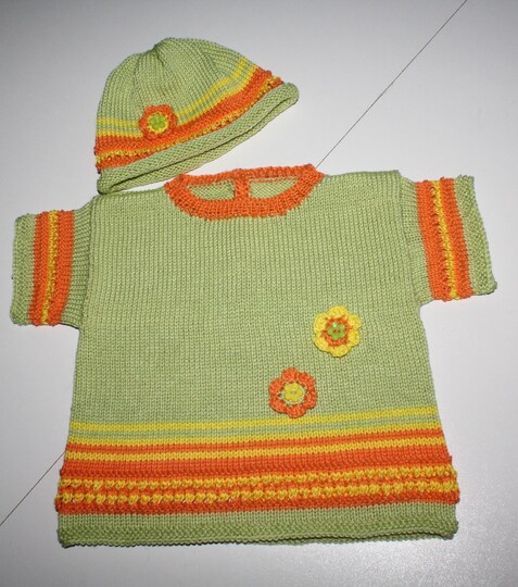 Strickanleitung Baby-Set, Kurzarm-Pulli + Baby-Mützchen in drei Größen, ca. 3 - 18 /24 Monate