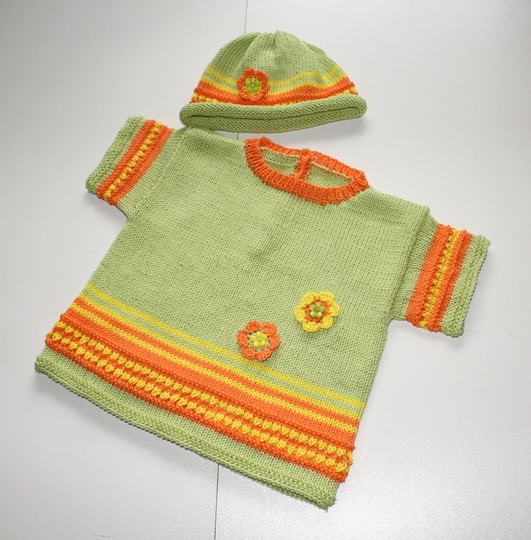 Strickanleitung Baby-Set, Kurzarm-Pulli + Baby-Mützchen in drei Größen, ca. 3 - 18 /24 Monate