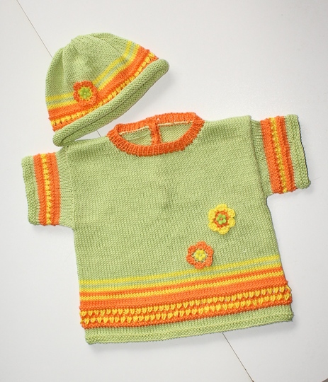 Strickanleitung Baby-Set, Kurzarm-Pulli + Baby-Mützchen in drei Größen, ca. 3 - 18 /24 Monate