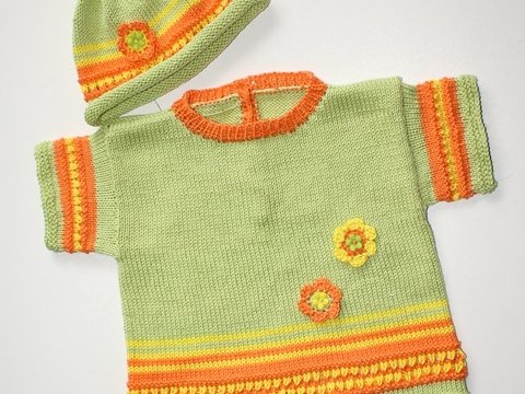Strickanleitung Baby-Set, Kurzarm-Pulli + Baby-Mützchen in drei Größen, ca. 3 - 18 /24 Monate