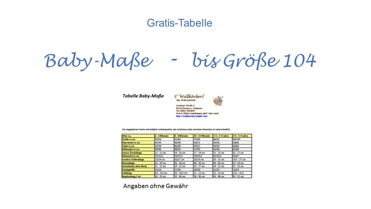 Gratis-Tabelle Baby-Maße bis Kleidergröße 104 - Bild 2
