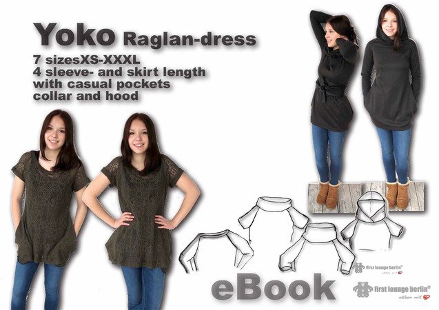 US-Yoko PDF E-Book sewing instruction with patterns for jersey raglan dress in 7 sizes xs-xxxl - made with Love from firstloungeberlin