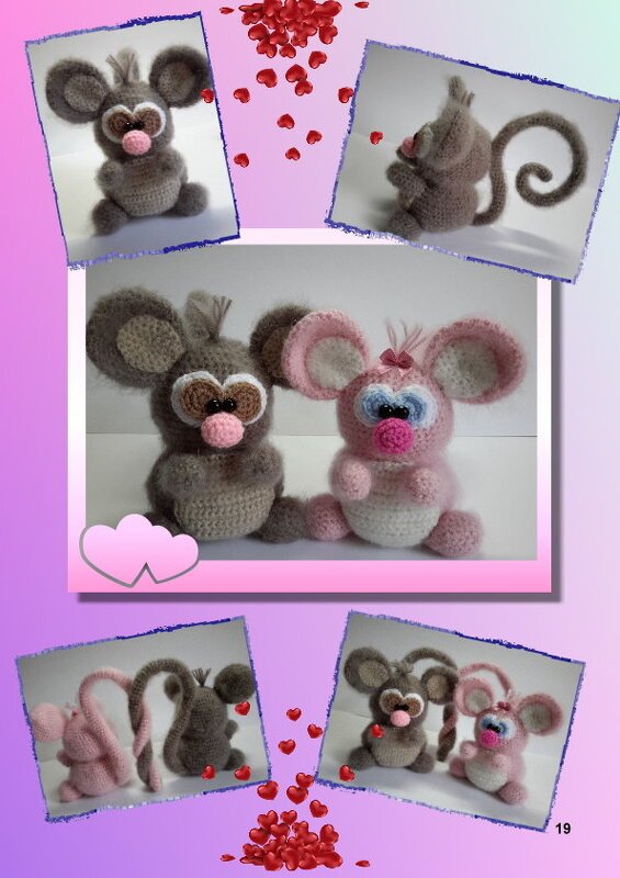 Zwei gehäkelte Amigurumi‑Mäuse, eine grau‑braun und eine rosa, mehrere Ansichten in einer Collage