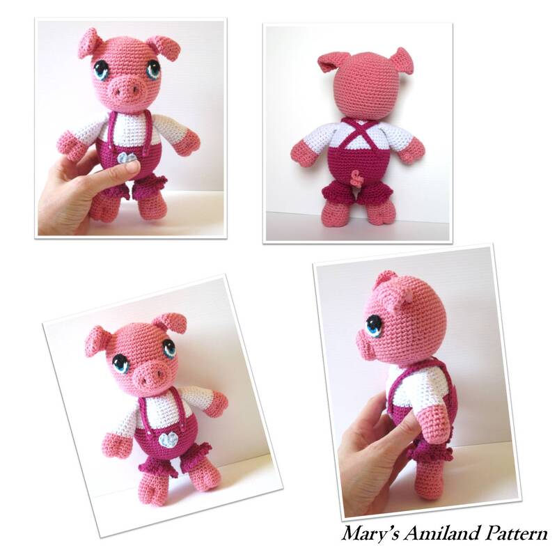 Pink crocheted pig amigurumi wearing a white top and dark pink overalls, shown front, back and side views on a light background.