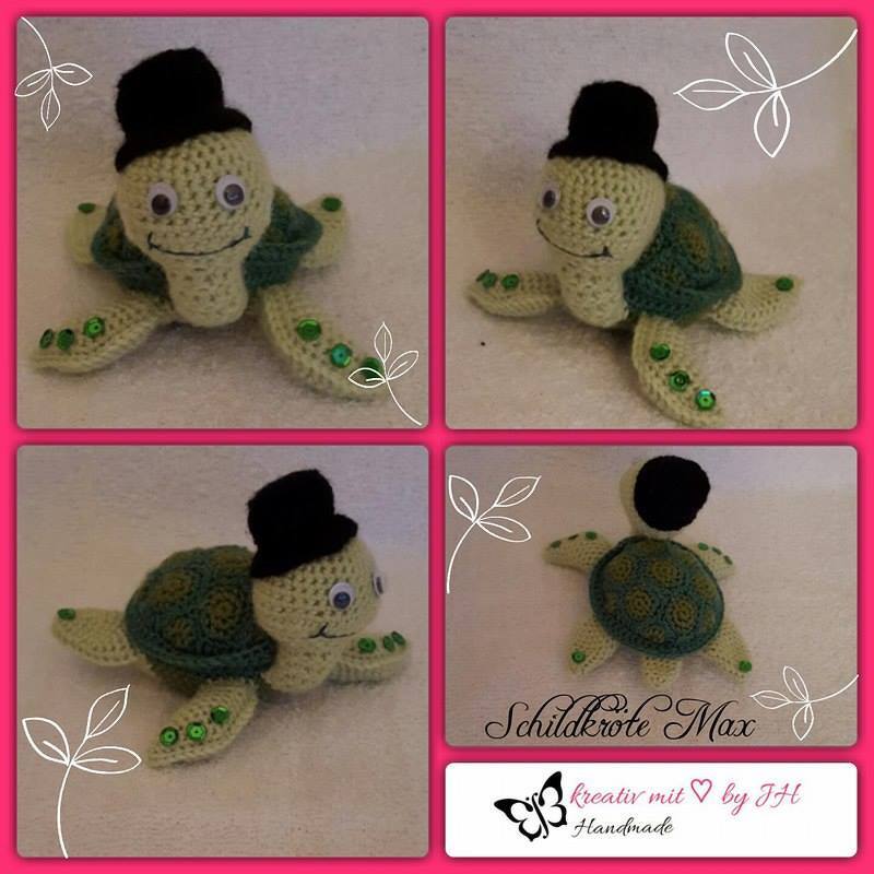 Gehäkelte Amigurumi-Schildkröte in Hell- und Dunkelgrün mit schwarzem Zylinder und Kulleraugen, Collage mit vier Ansichten.