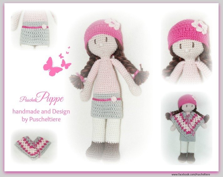 Gehäkelte Amigurumi-Puppe mit rosa Mütze, geflochtenen Zöpfen, grauem Rock und hellen Stiefeln