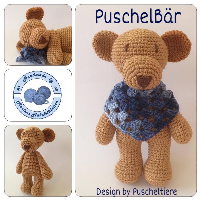 Gehäkelter brauner Amigurumi-Teddybär mit blauem Dreieckstuch, Frontansicht