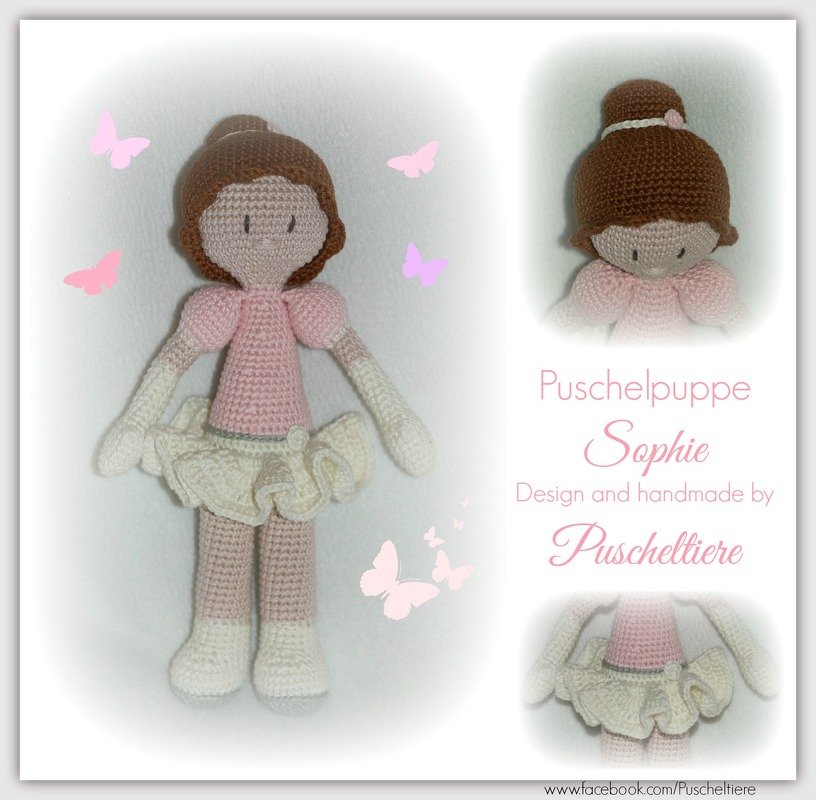 Frontalaufnahme einer gehäkelten Ballerina-Puppe mit braunem Dutt, rosa Oberteil und cremefarbenem Tutu