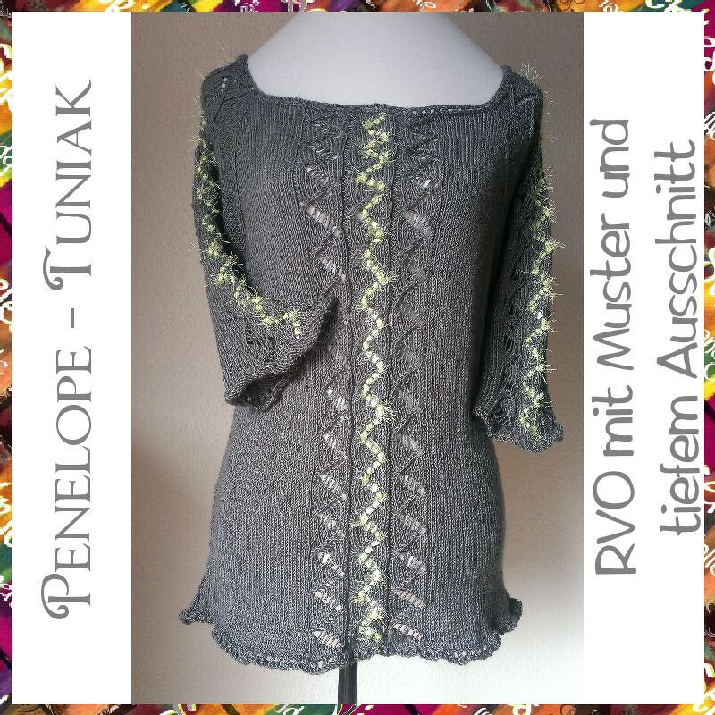 Grau gestrickte Tunika mit mittiger Ajourborte und neon-gelber Garnkante