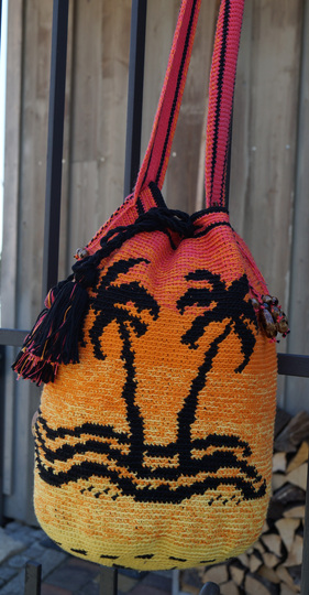 Anleitung zum häkeln *Sun Down* trendige Beuteltasche Rucksack mit Palmen- Sonnenuntergangsmmotiv