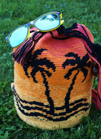 Anleitung zum häkeln *Sun Down* trendige Beuteltasche Rucksack mit Palmen- Sonnenuntergangsmmotiv