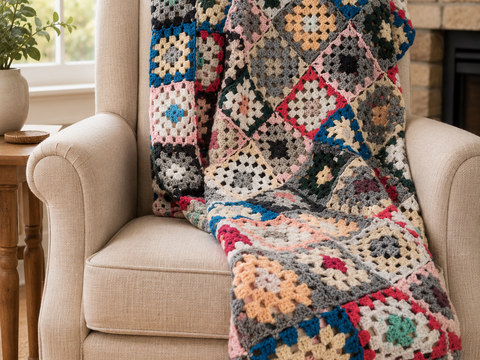 Häkelanleitung Granny Square Sofadecke | bunte Häkeldecke aus Wollresten