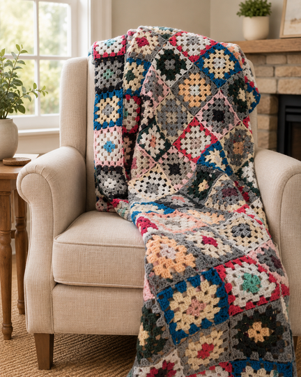 Häkelanleitung Granny Square Sofadecke | bunte Häkeldecke aus Wollresten