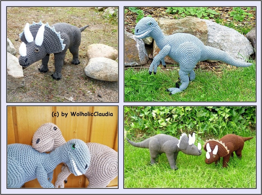 Collage aus vier Fotos gehäkelter Amigurumi-Dinosaurier (Triceratops, Raubdino) in verschiedenen Farben und Posen.