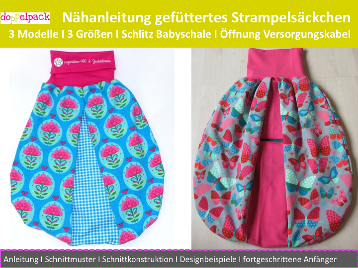 Zwei gefütterte Strampelsäckchen nebeneinander: blau mit Blumenmuster, rosa mit Schmetterlingen; Umschlagbündchen und Schlitz sichtbar