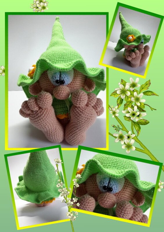 Detailansicht eines sitzenden Amigurumi-Wichtels mit betonten Füßen und grünem Hut