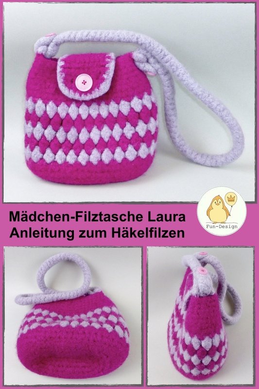 Kleine Häkelfilztasche mit Knopfverschluss, gedrehtem Trageriemen und zweifarbigem Rautenmuster