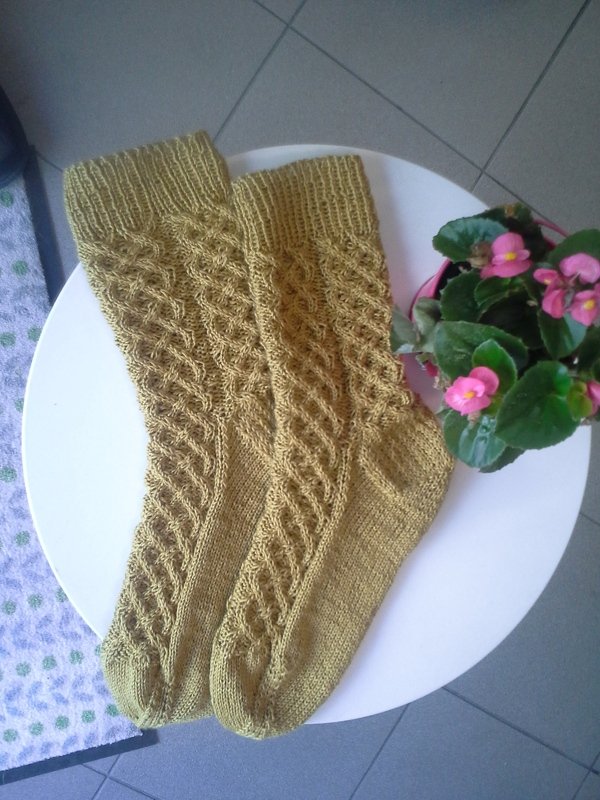 Olivgrüne handgestrickte Herrensocken mit Zopfmuster auf einem weißen Tisch neben einer Topfpflanze mit rosa Blüten.