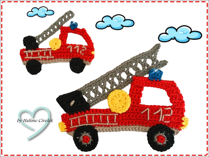 Häkelapplikation Feuerwehrwagen in 2 Größen