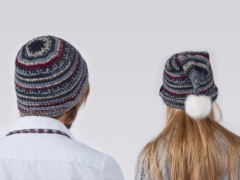 Partnerlook-Mützen, Mütze, Zipfelmütze, Gr. 54/56, tunesisches Häkeln mit 6-fach Sockengarn, PDF-Anleitung