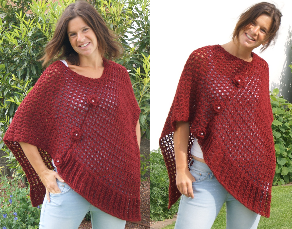Poncho Red Flowers (Universalgröße S - XL)