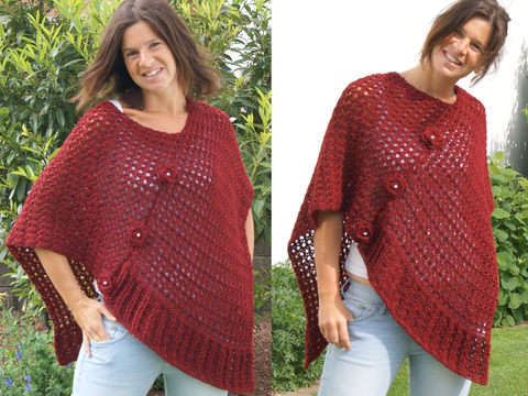 Poncho Red Flowers (Universalgröße S - XL)