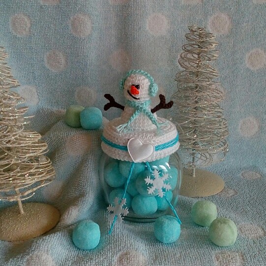 Häkelanleitung Mr. Snowman / Deckelbezug für Marmeladenglas/ Bonbonglas