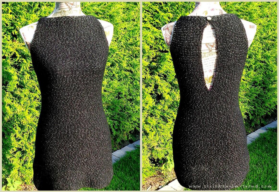 Schwarzes, ärmelloses Strickkleid auf einer Schneiderpuppe, vorne U-Boot-Ausschnitt, hinten tiefer V-Ausschnitt mit Knopf