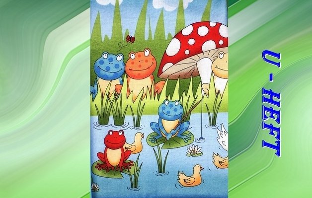 Bunte Illustration: Frösche und Enten am Teich mit Pilz und Schilf, Motiv für U‑Heft‑Hülle