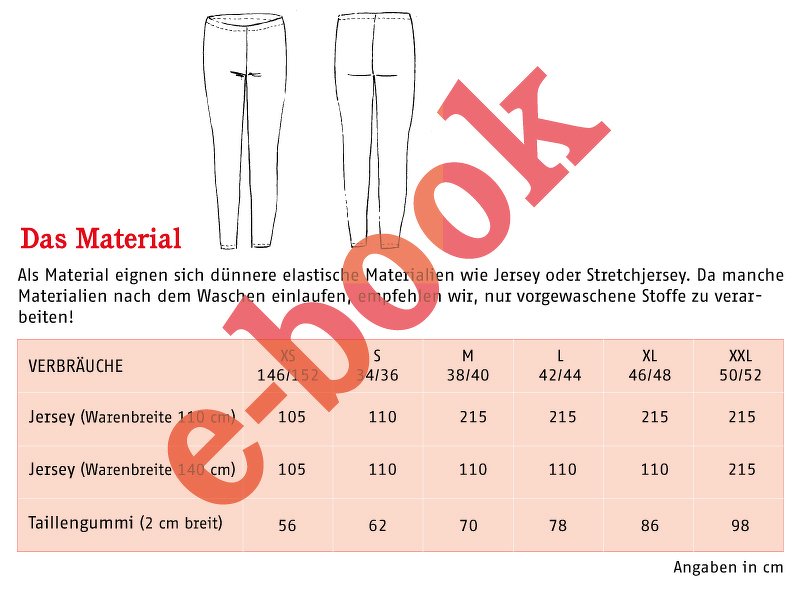 Technische Skizzen einer Leggings Vorder- und Rückansicht mit Verbrauchstabelle für Jersey und Taillengummi
