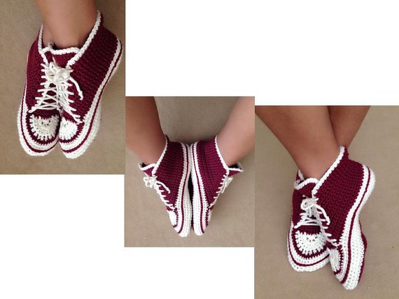 Burgundy and white crocheted sneaker-style slippers on feet