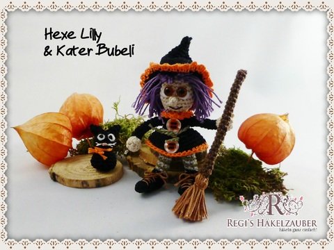 2 in 1: Hexe Lilly & der schwarze Kater - Herbstdeko, Tischdeko, Anhänger